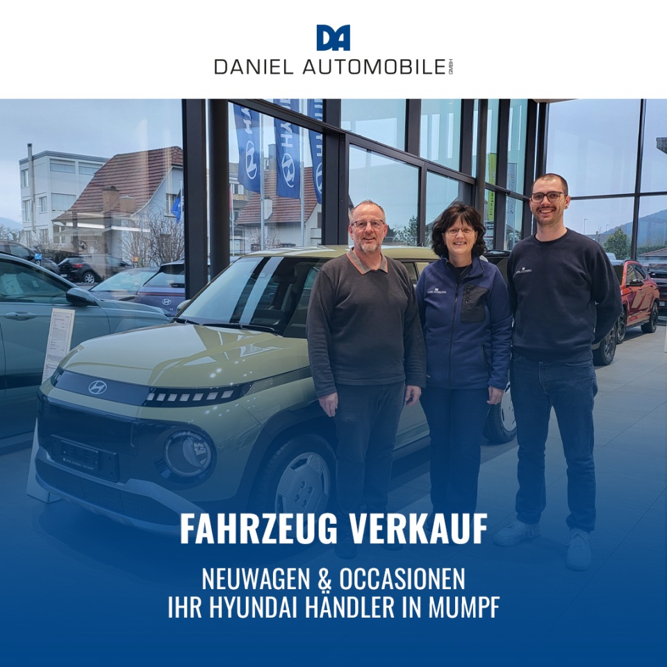 Ihr neues Traumauto wartet bei Daniel Automobile GmbH in Mumpf! - Suchen Sie einen zuverlässigen Begleiter für den Alltag? Als Ihr offizieller Hyundai Händler im Fricktal bieten wir Ihnen eine erstklassige Auswahl an Neuwagen und geprüften Occasionen, die keine Wünsche offenlassen!
