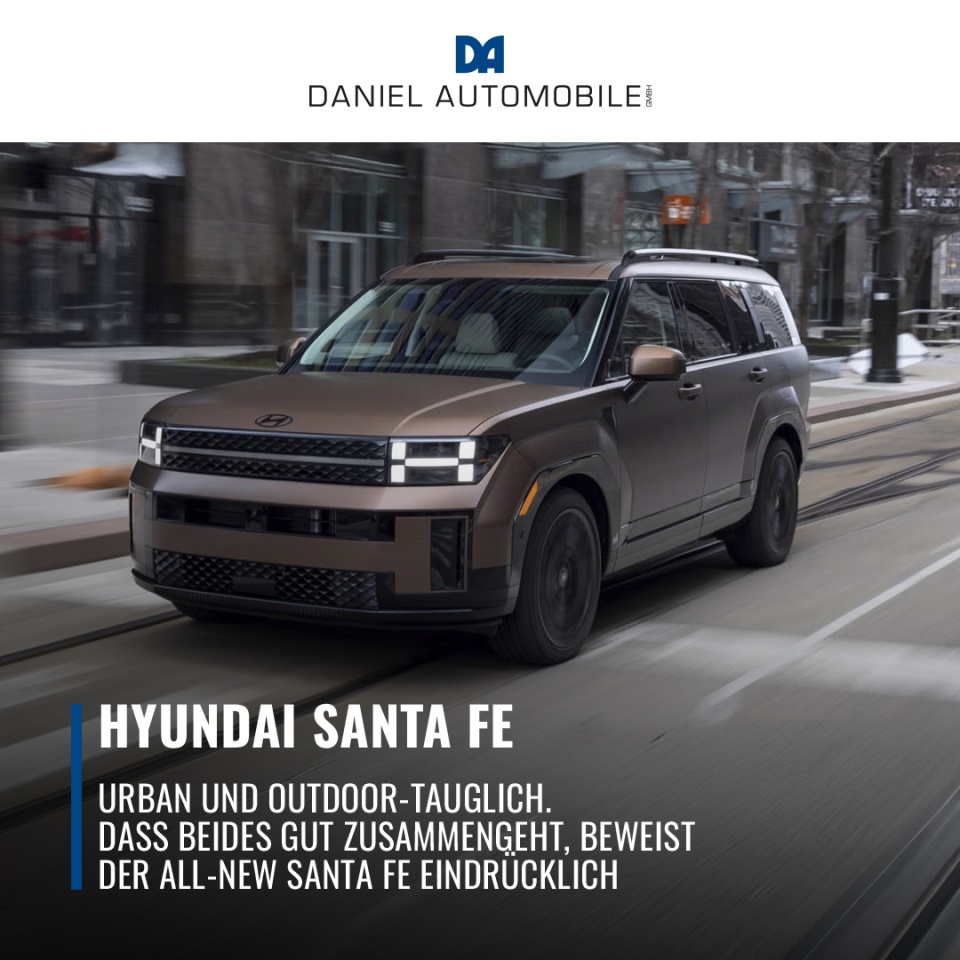 Entdecken Sie den neuen Hyundai All-New Santa Fe – Ihr Begleiter für jedes Abenteuer! - Der All-New Santa Fe vereint urbanen Stil mit Outdoor-Qualitäten auf beeindruckende Weise. Dank seines grosszügigen Raumangebots ist er der perfekte Partner für individuelle Entdeckungstouren und unvergessliche Familienausflüge in die Natur.